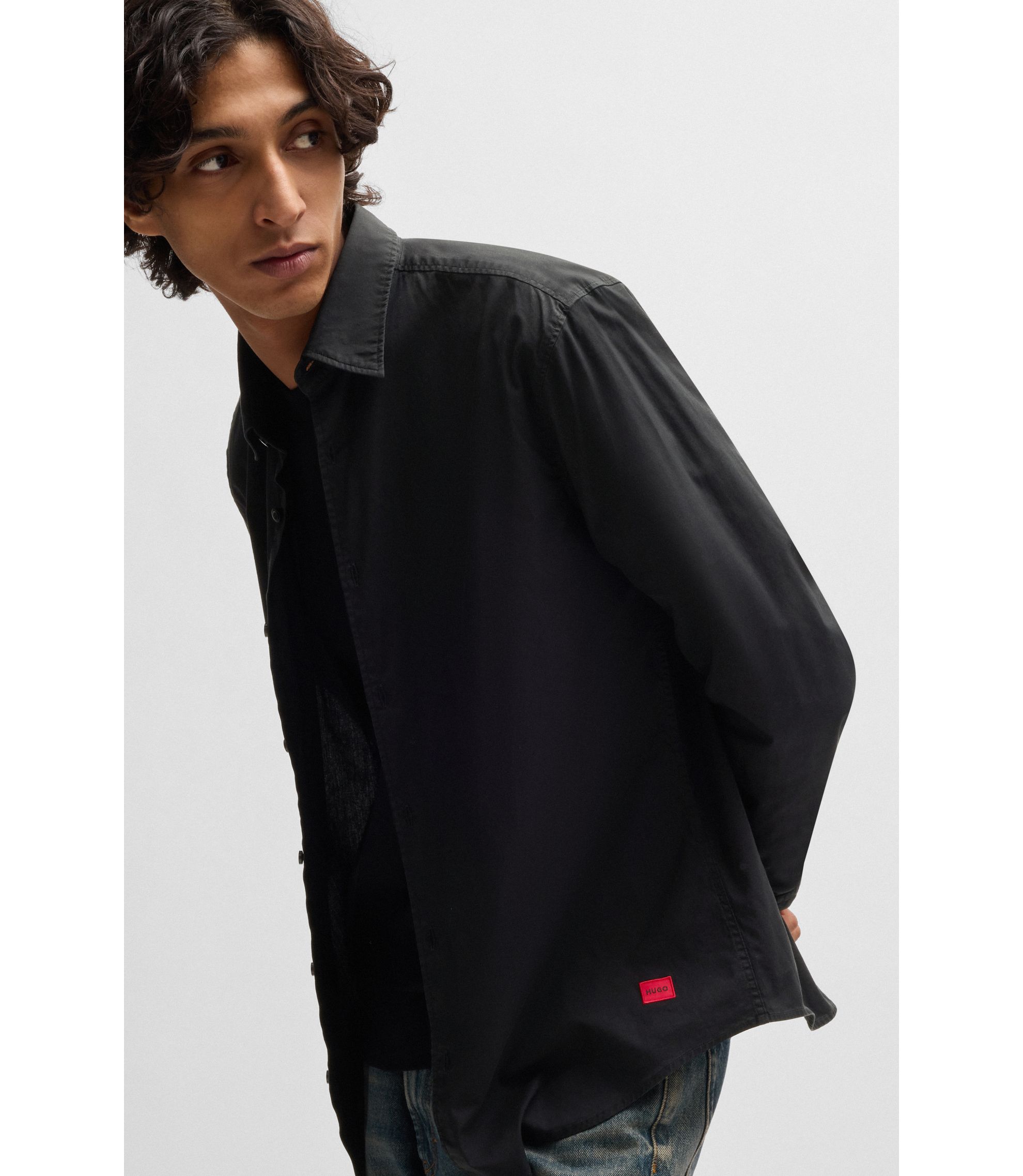 HUGO - Slim-fit shirt in stretch-cotton canvas - Black