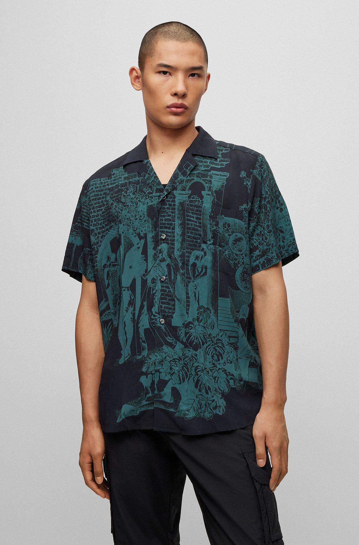 Relaxed-fit shirt with all-over seasonal print, Dark Grey