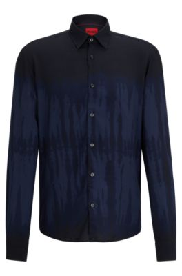 Hugo Slim-fit Shirt In Seasonal-print Canvas In Dark Blue