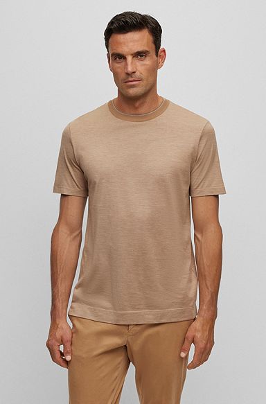 Cotton-silk T-shirt with fineline stripes and double collar, Beige