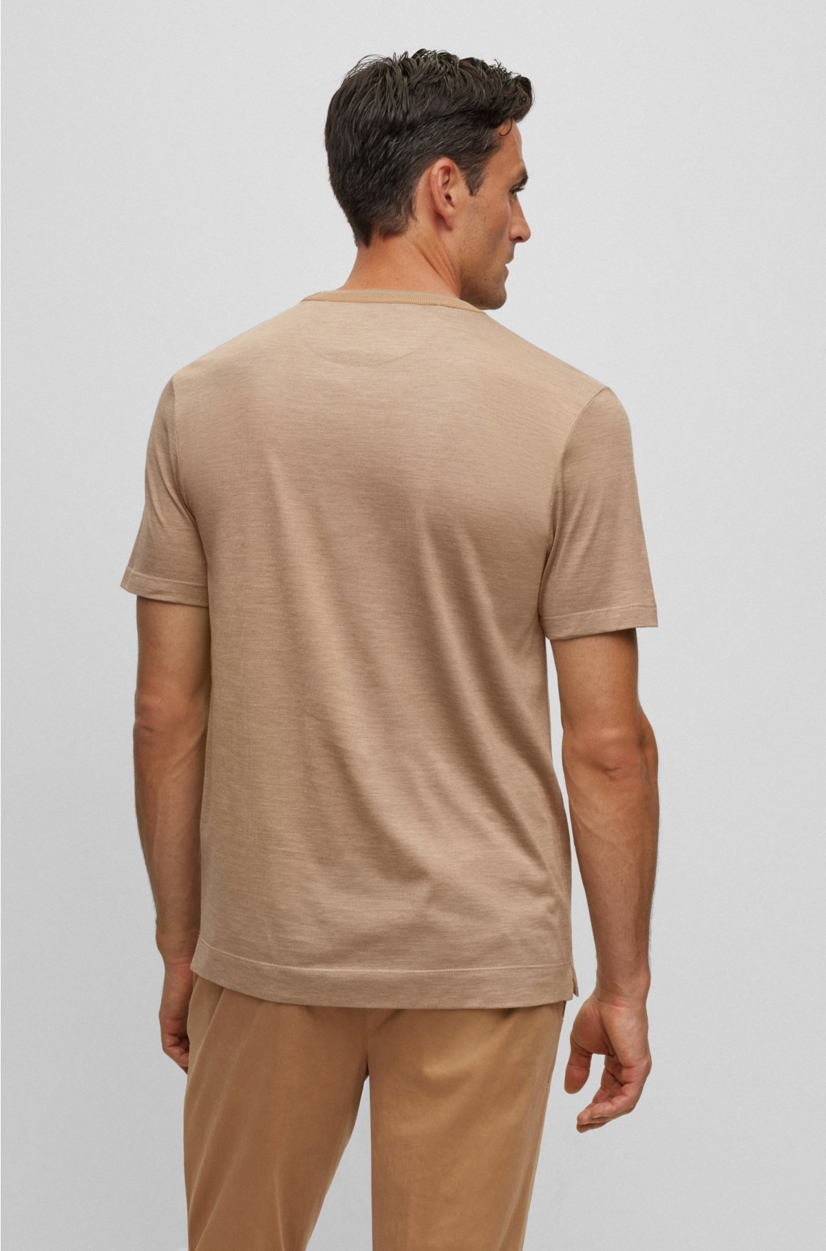 Cotton-silk T-shirt with fineline stripes and double collar, Beige