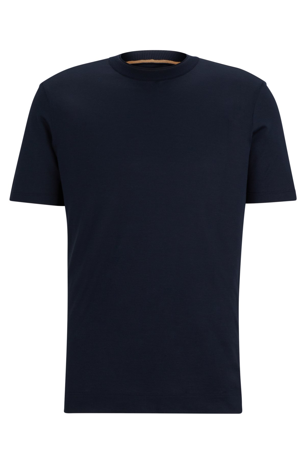 Cotton-silk T-shirt with fineline stripes and double collar, Dark Blue