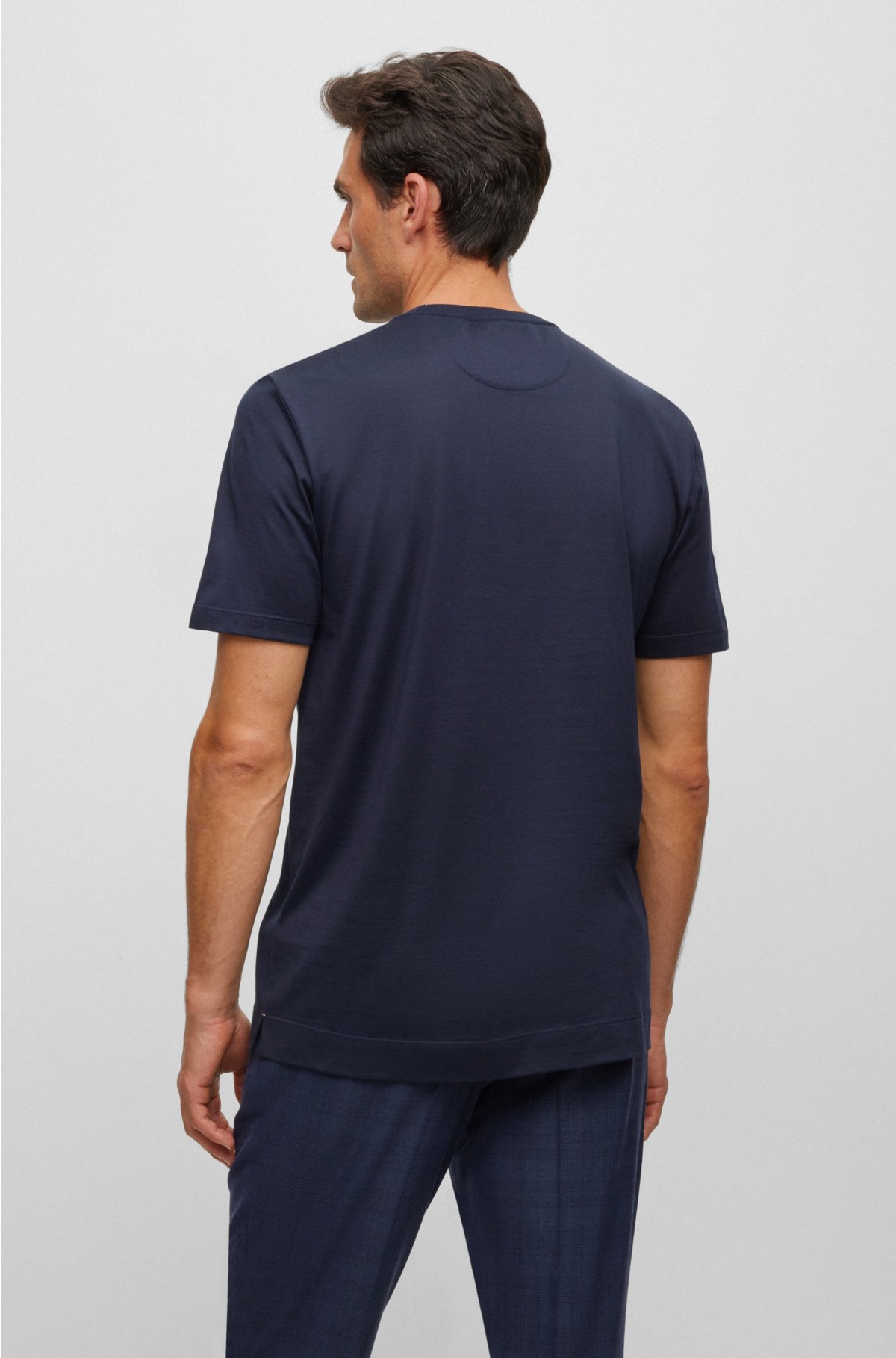 Cotton-silk T-shirt with fineline stripes and double collar, Dark Blue
