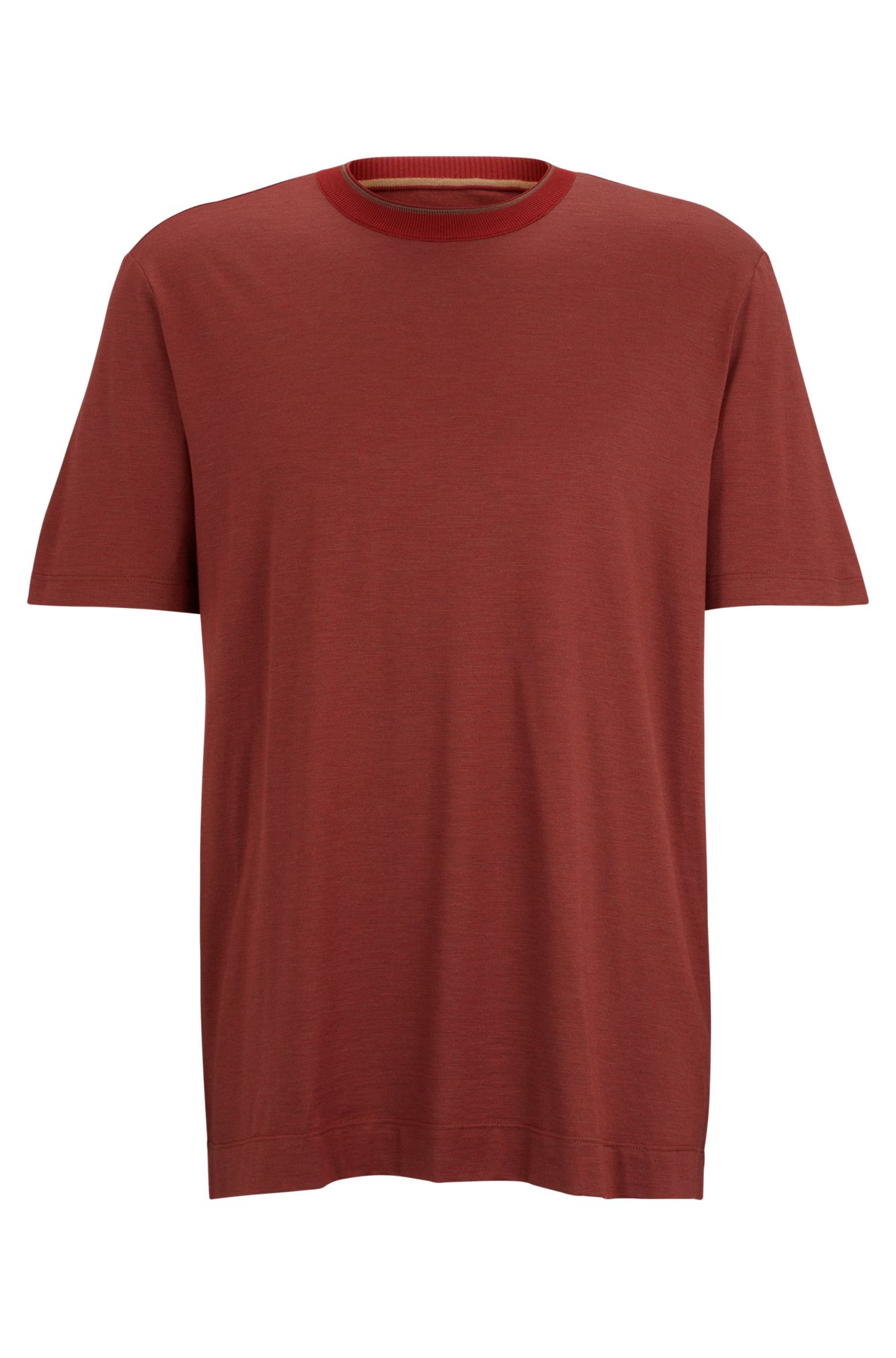 Cotton-silk T-shirt with fineline stripes and double collar, Red