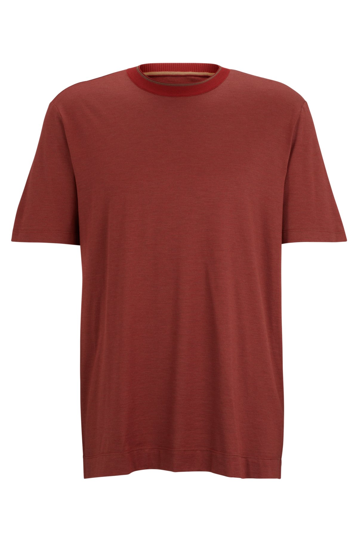 Cotton-silk T-shirt with fineline stripes and double collar, Red