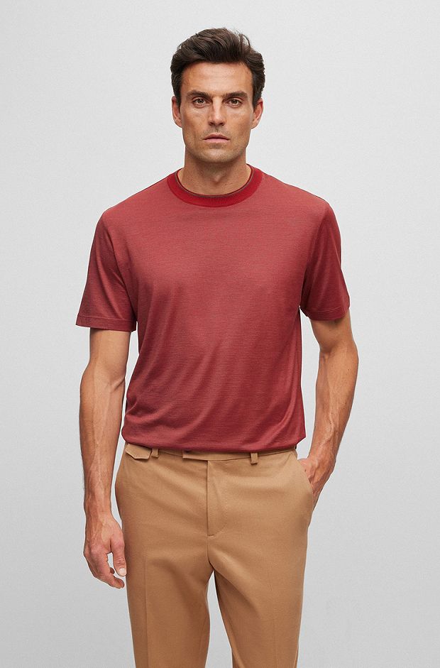 T-shirt en coton et soie à rayures fines et double col, Rouge