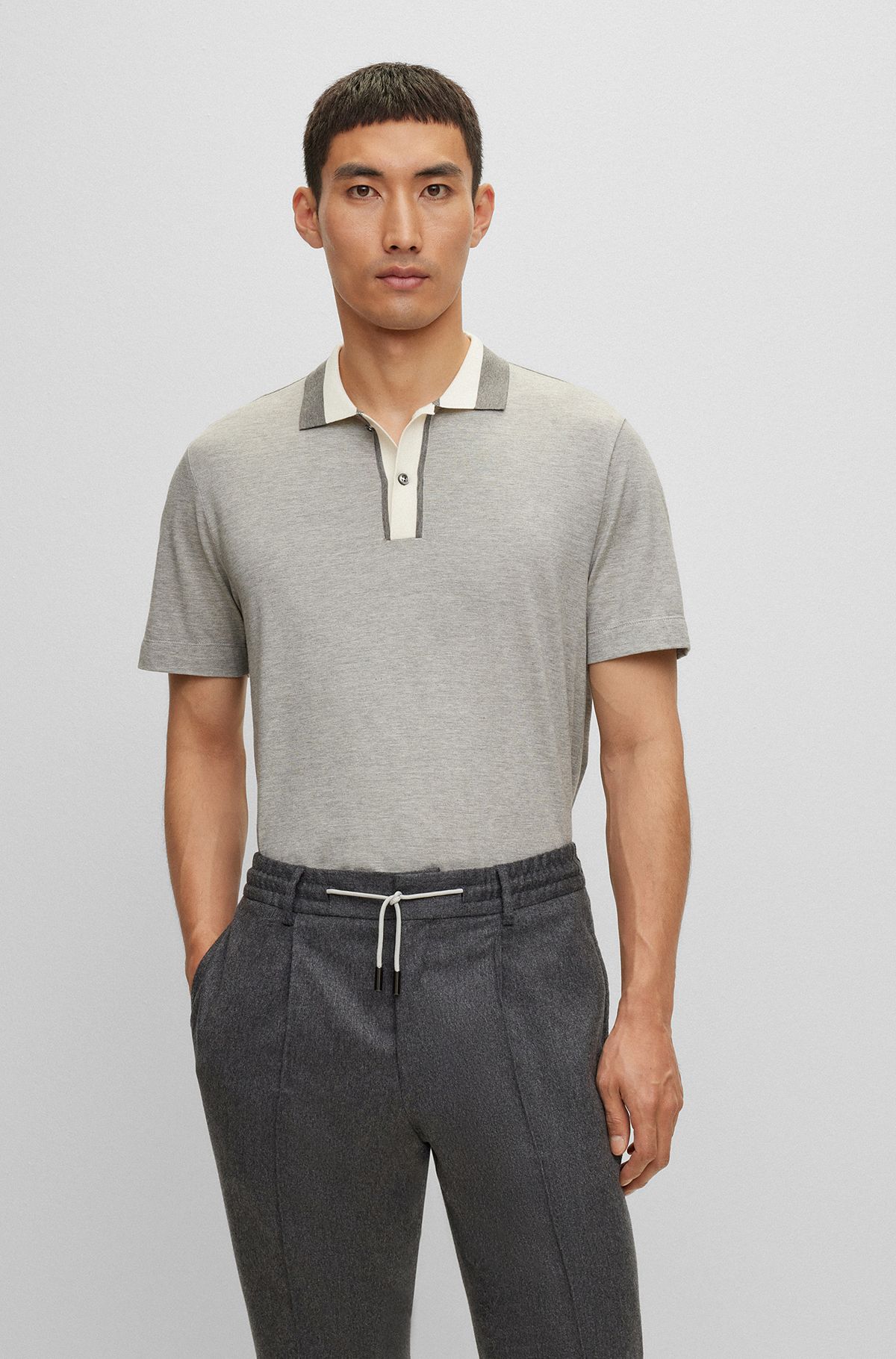 Regular-fit polo shirt in cotton and silk, Silver
