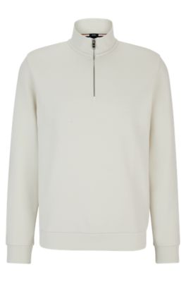 Hugo Boss Zip-neck Sweatshirt In Mercerized Cotton Jacquard In White