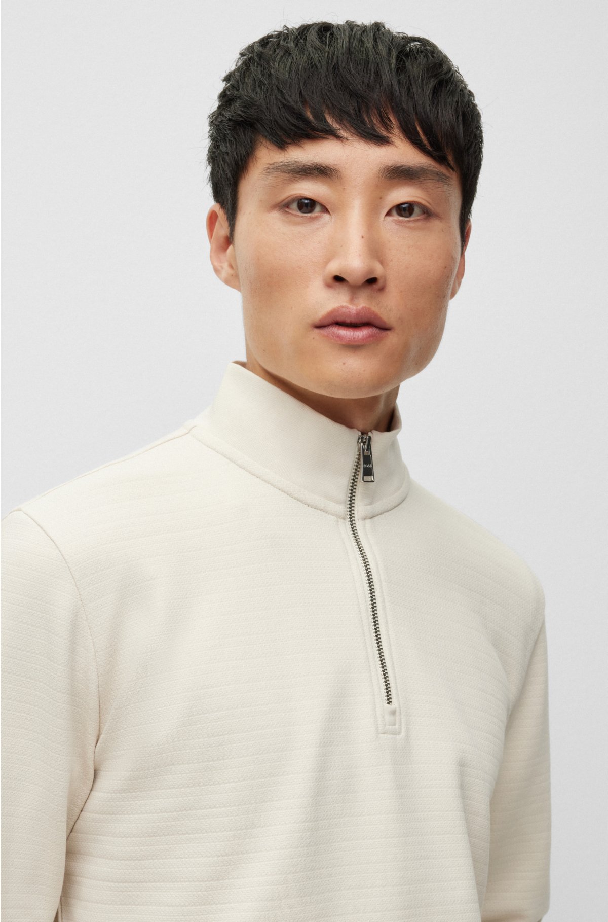 Zip-neck sweatshirt in mercerized cotton jacquard, White