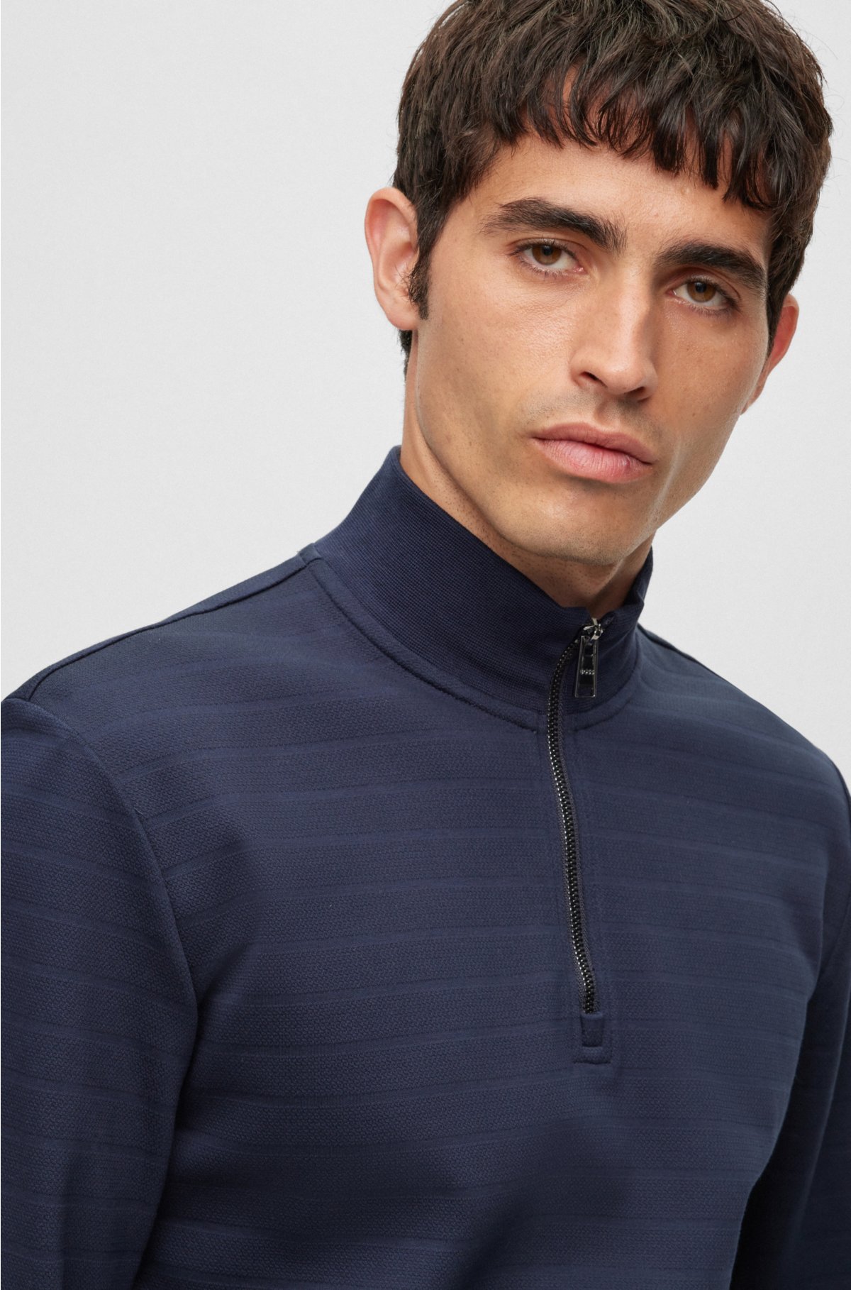 BOSS jacquard mercerized Zip-neck sweatshirt in cotton -