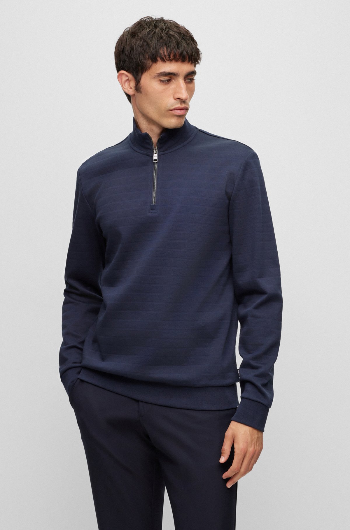 BOSS - Zip-neck sweatshirt in mercerized cotton jacquard