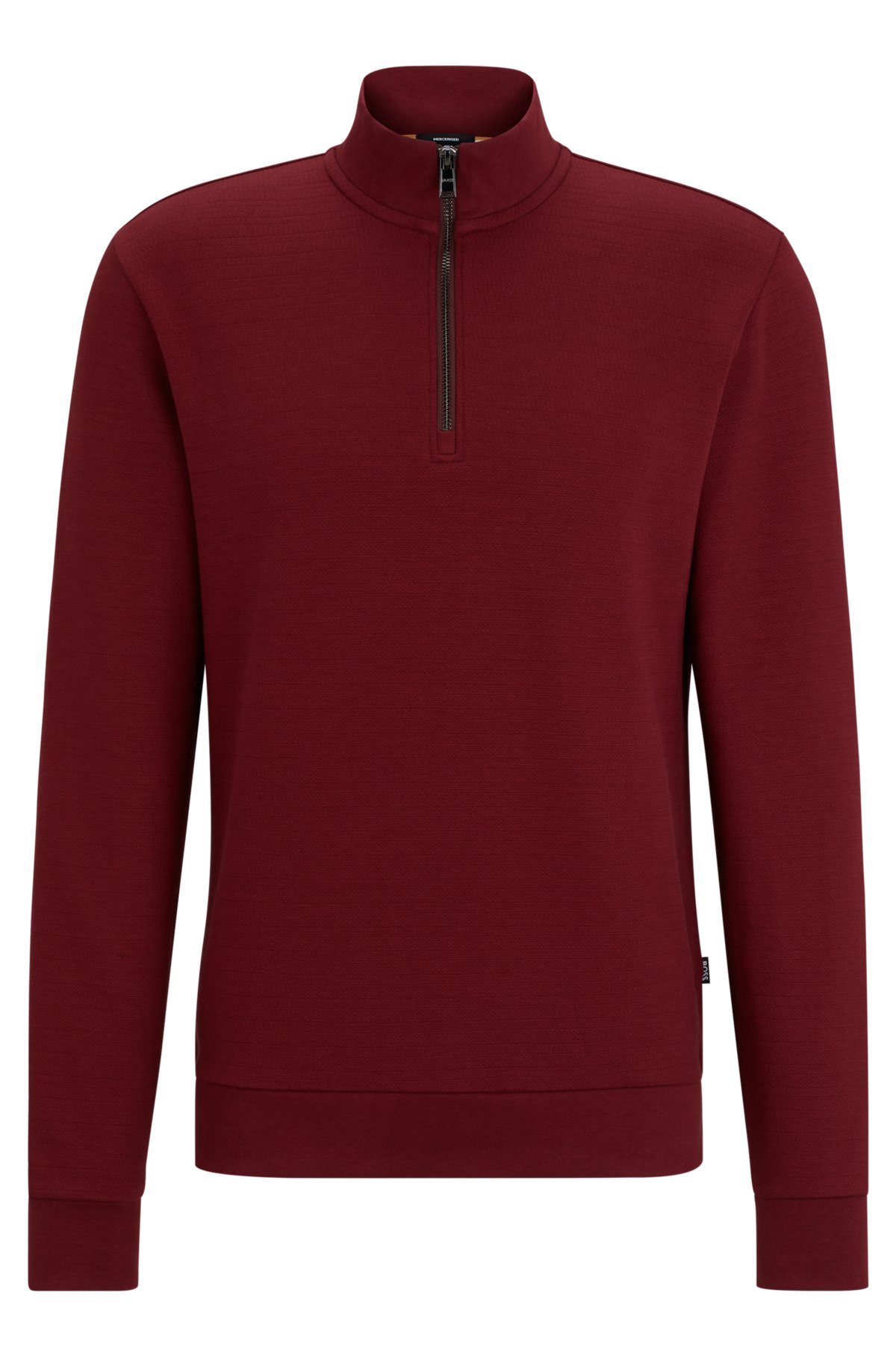 Zip-neck sweatshirt in mercerized cotton jacquard, Dark Red