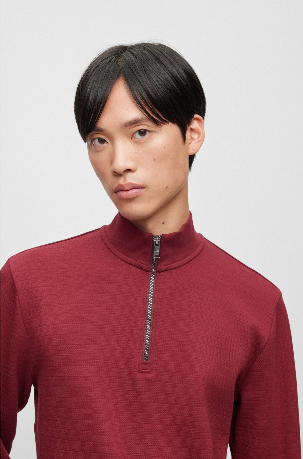 Zip-neck sweatshirt in mercerized cotton jacquard, Dark Red