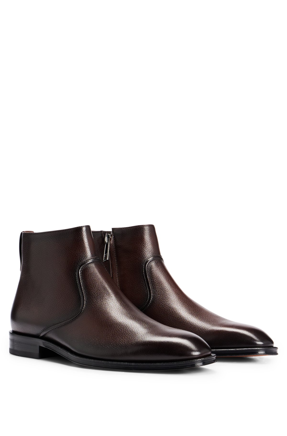 Grained-leather zip boots with branded trims, Dark Brown
