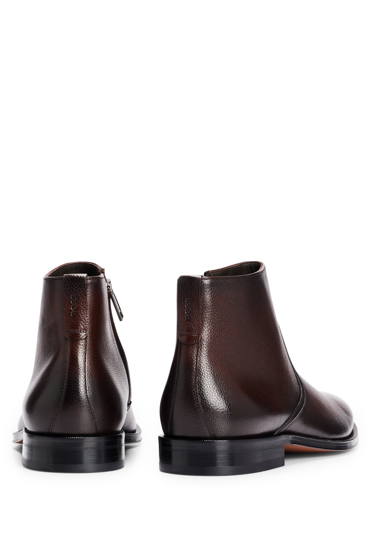 Grained-leather zip boots with branded trims, Dark Brown