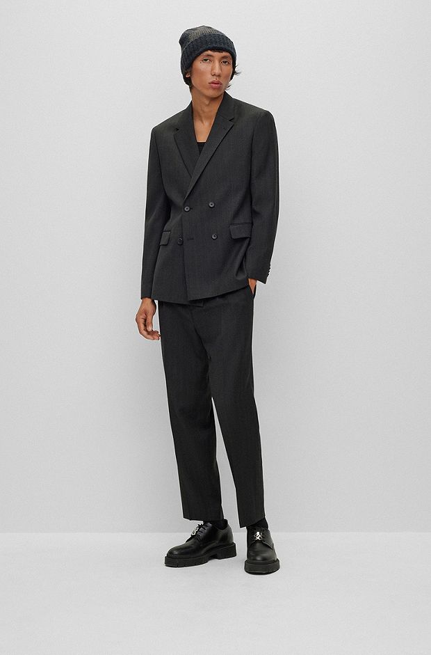 Double-breasted slim-fit suit in herringbone fabric, Dark Grey