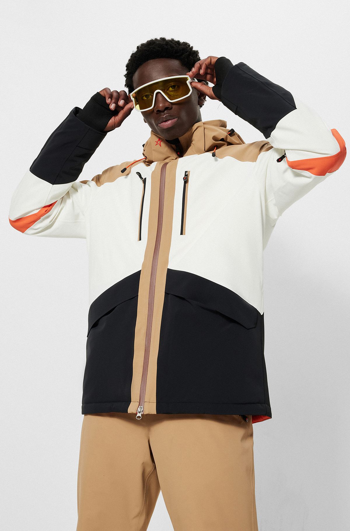 BOSS x Perfect Moment ski jacket with color-blocking, Beige