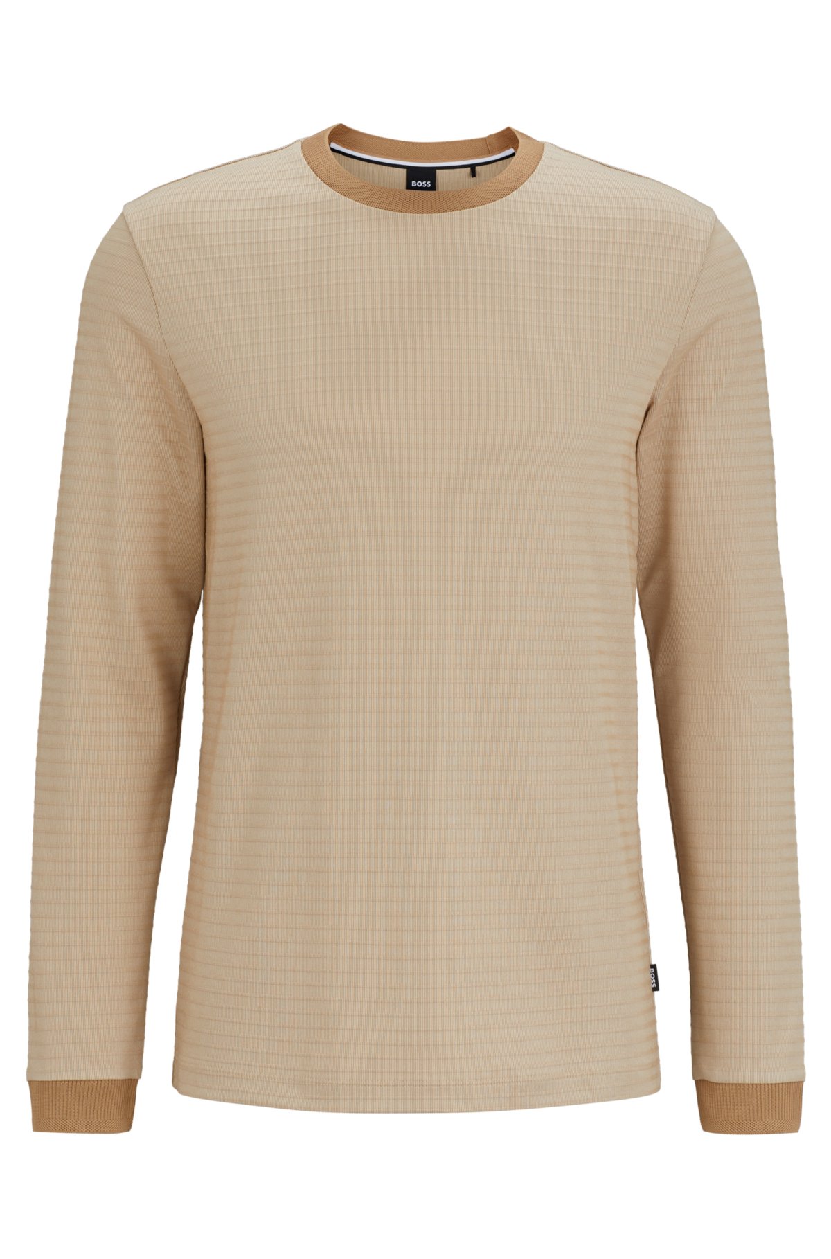 Long-sleeved cotton-blend T-shirt with ottoman structure, Beige