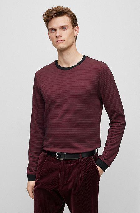 Long-sleeved cotton-blend T-shirt with ottoman structure, Dark Red