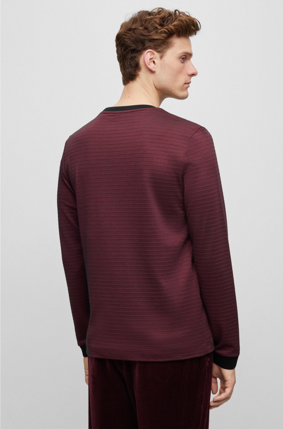 Long-sleeved cotton-blend T-shirt with ottoman structure, Dark Red