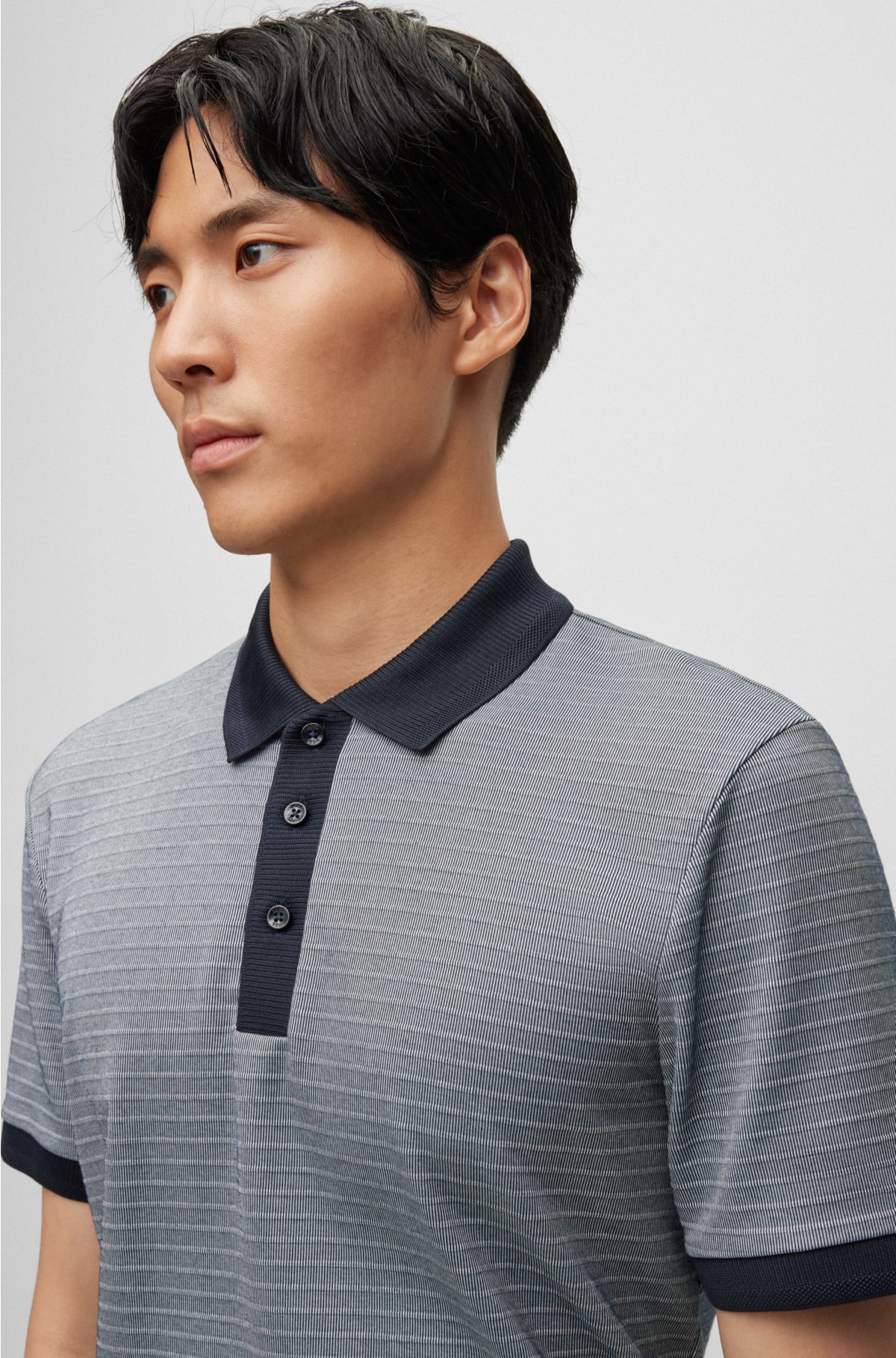 Cotton-blend polo shirt with ottoman structure, Dark Blue