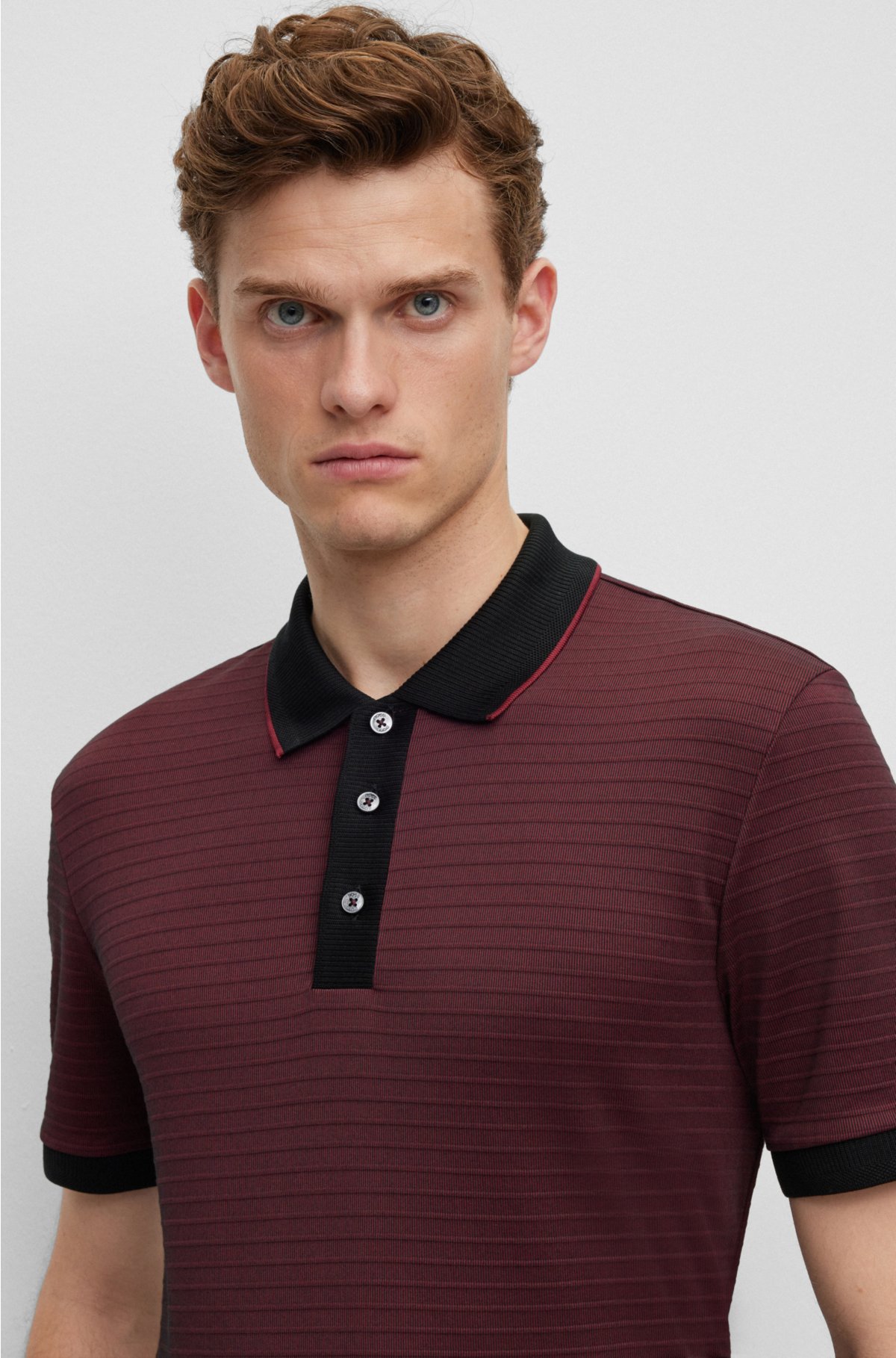 Cotton-blend polo shirt with ottoman structure, Dark Red