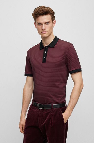 Cotton-blend polo shirt with ottoman structure, Dark Red