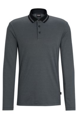 BOSS - Slim-fit long-sleeved polo shirt with woven pattern