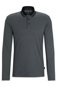 Slim-fit long-sleeved polo shirt with woven pattern, Black