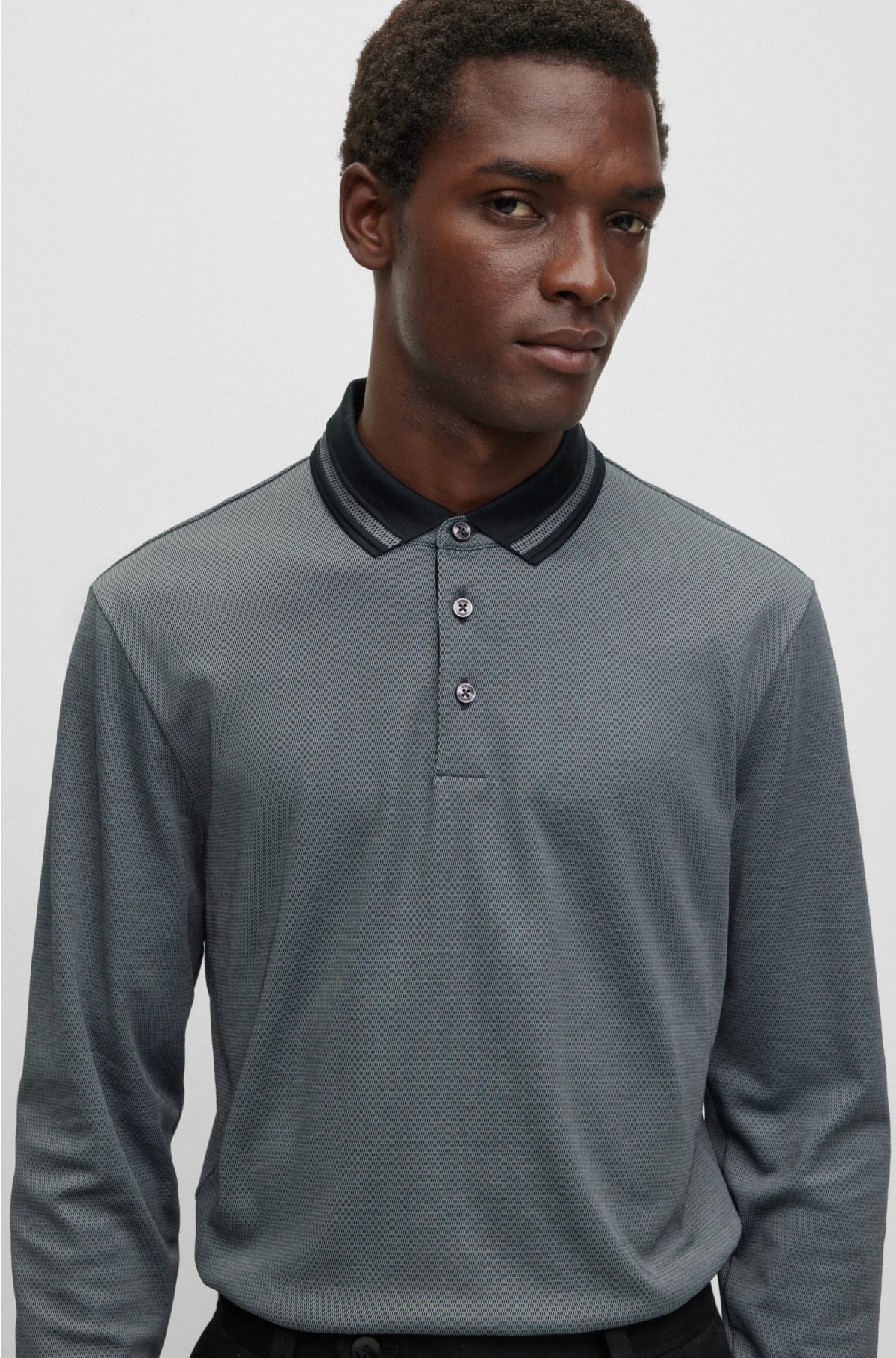 Slim-fit long-sleeved polo shirt with woven pattern, Black