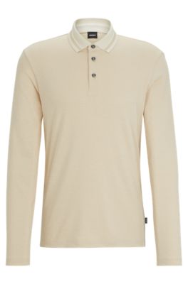 Boss Men's Slim-Fit Long-sleeved Polo Shirt with Woven Pattern - Open White - Size Medium