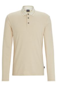 Slim-fit long-sleeved polo shirt with woven pattern, White