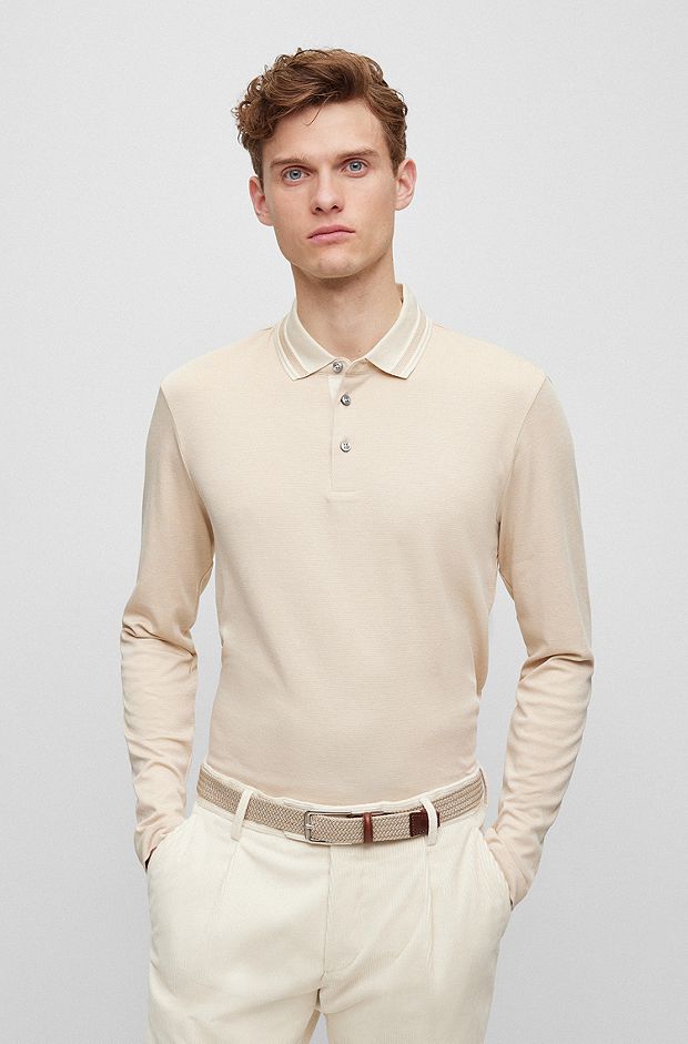 Slim-fit long-sleeved polo shirt with woven pattern, White