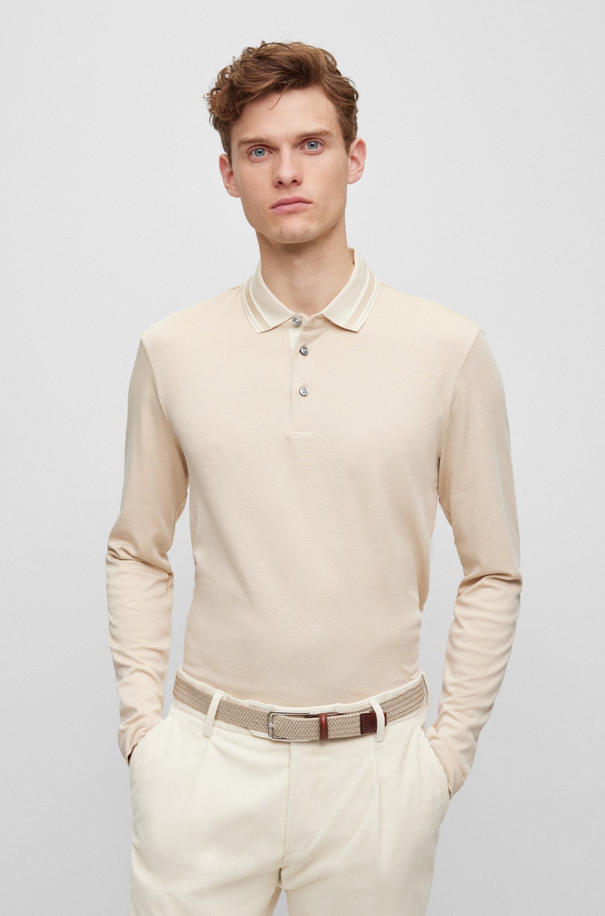 Slim-fit long-sleeved polo shirt with woven pattern