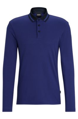 Shop Hugo Boss Slim-fit Long-sleeved Polo Shirt With Woven Pattern In Dark Blue
