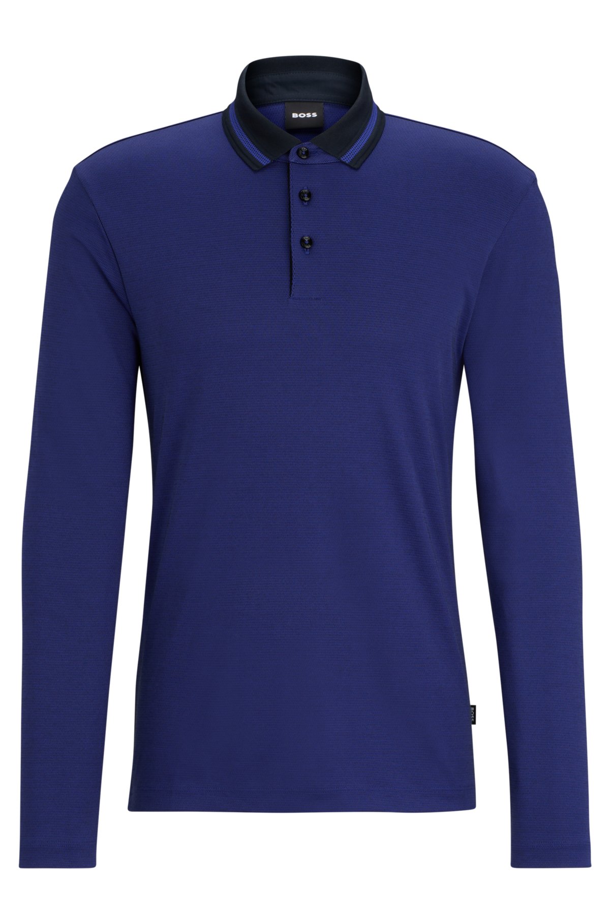 Slim-fit long-sleeved polo shirt with woven pattern, Dark Blue