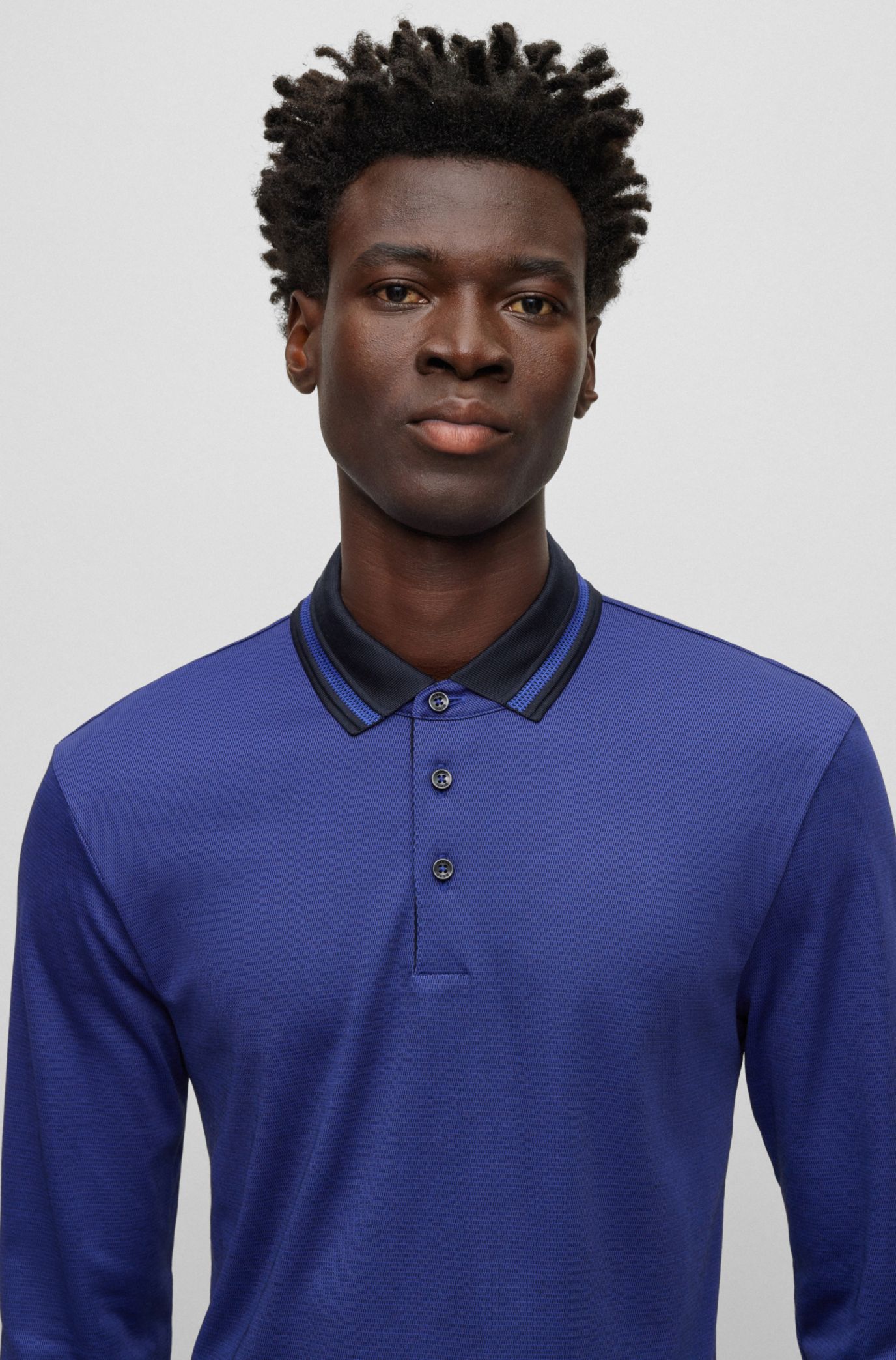 BOSS - Slim-fit long-sleeved polo shirt with woven pattern