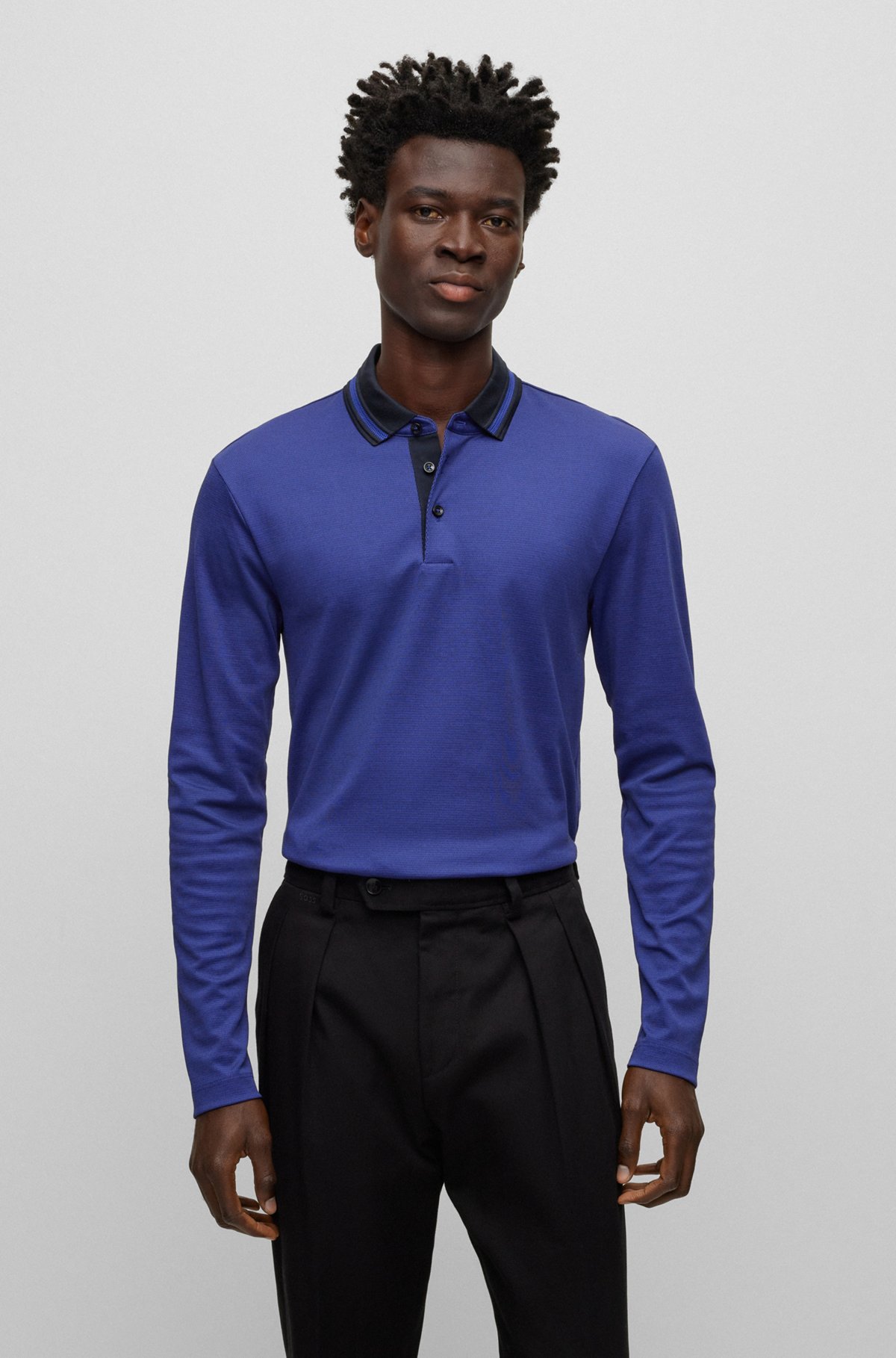 Slim-fit long-sleeved polo shirt with woven pattern, Dark Blue