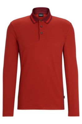 Shop Hugo Boss Slim-fit Long-sleeved Polo Shirt With Woven Pattern In Dark Red