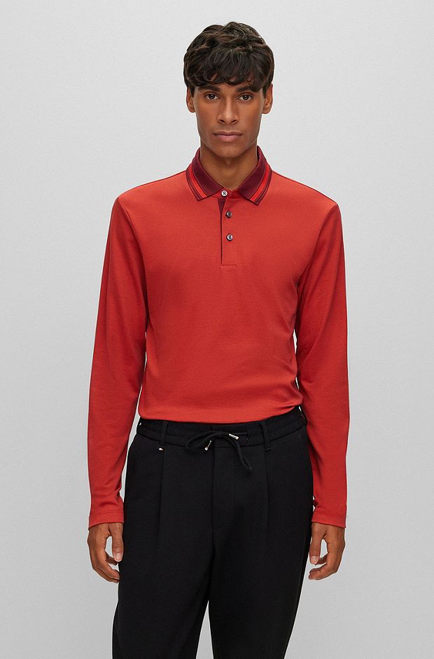 Slim-fit long-sleeved polo shirt with woven pattern, Dark Red