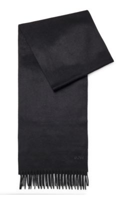 Hugo Boss Fringed Scarf In Pure Italian Cashmere With Embroidered Logo In Black