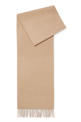 Hugo Boss Fringed Scarf In Pure Italian Cashmere With Embroidered Logo In Beige
