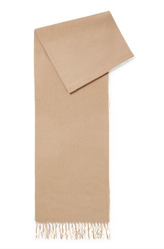 Fringed scarf in pure Italian cashmere with embroidered logo, Beige