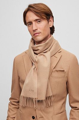 BOSS - Fringed scarf in pure Italian cashmere with embroidered logo