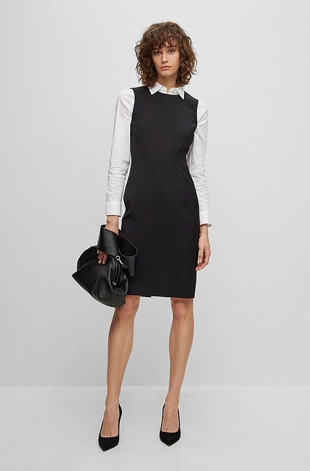 Sleeveless shift dress in wool with natural stretch, Black