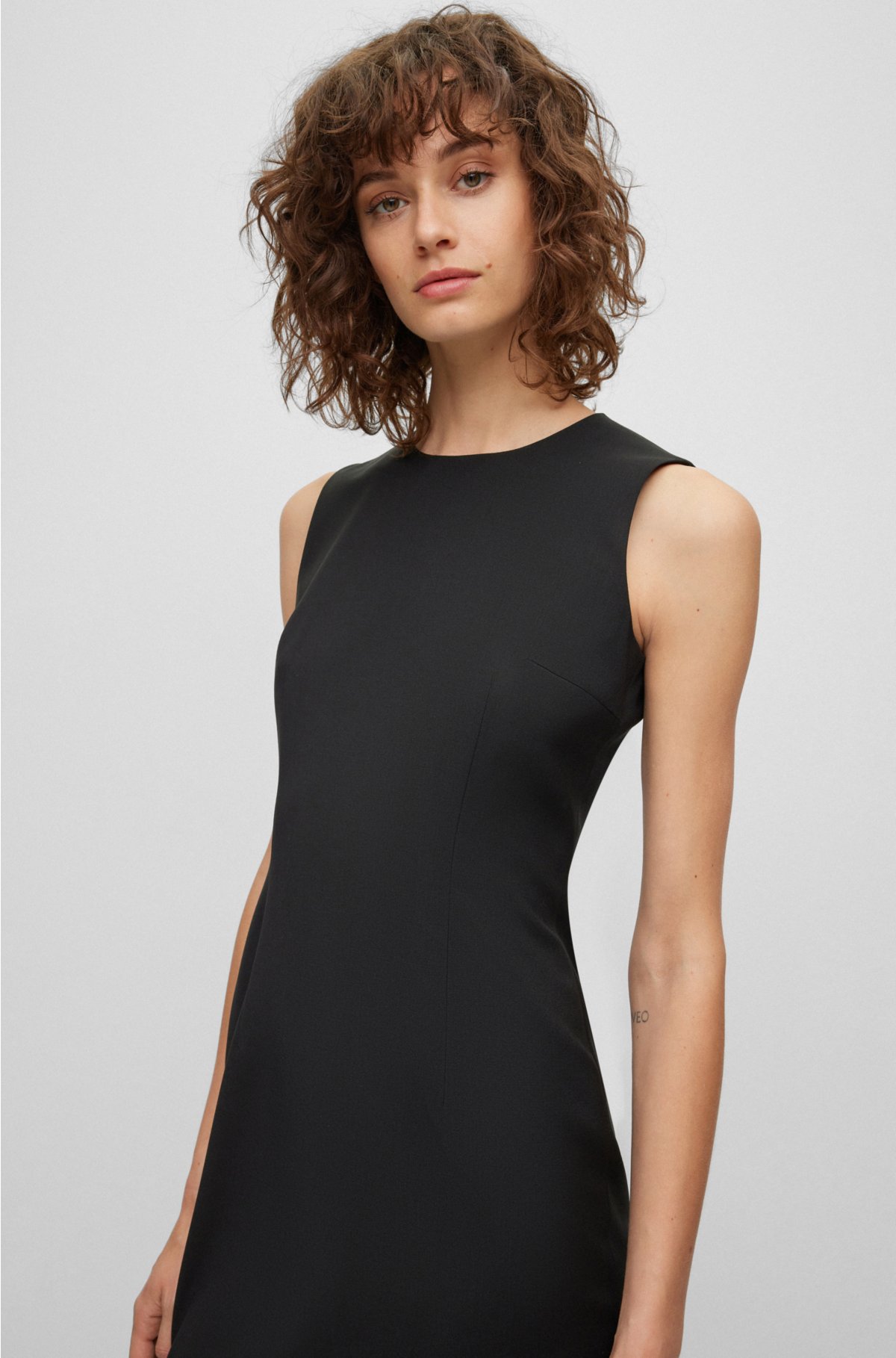 BOSS - Sleeveless shift dress in wool with natural stretch