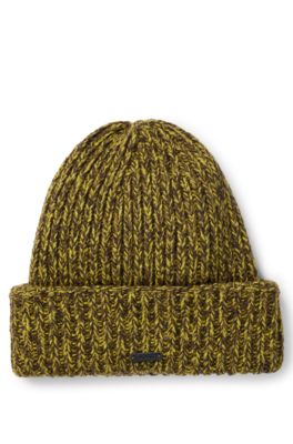 Hugo Boss Chunky-knit Beanie Hat With Faux-leather Logo Plaque In Light Green