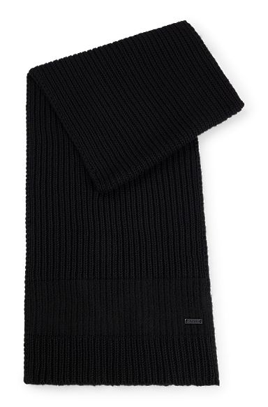 Knitted scarf with faux-leather logo plaque, Black