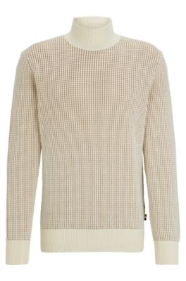 Hugo Boss Mock-neck Sweater In Structured Cotton And Virgin Wool In White