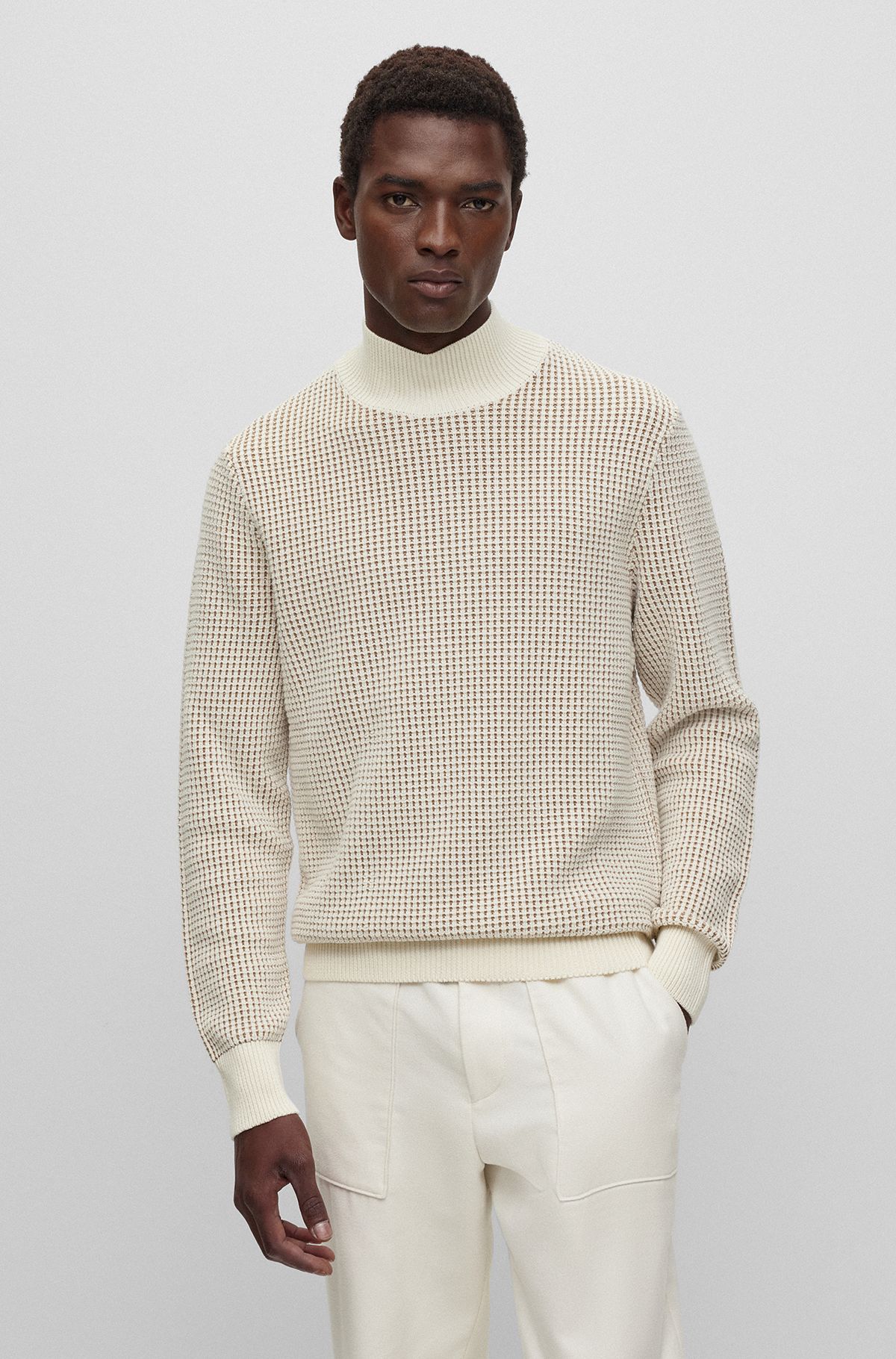 Mock-neck sweater in structured cotton and virgin wool, White
